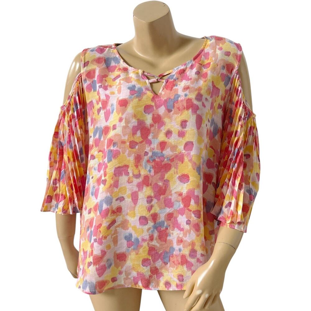 Hope & Harlow Blouse Womens XL Cold Shoulder Pleated Keyhole Neck Colorful Top
